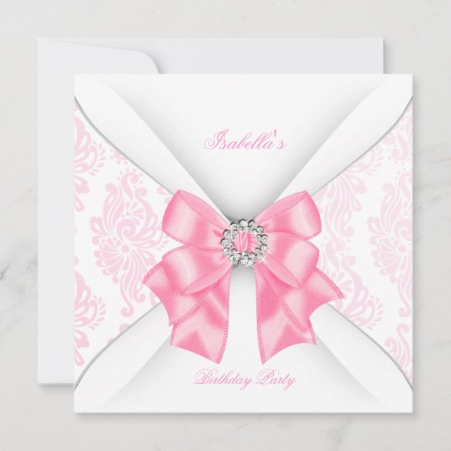 Invitation Joli rose fête d'anniversaire Blanc Diamond Bow (Devant)