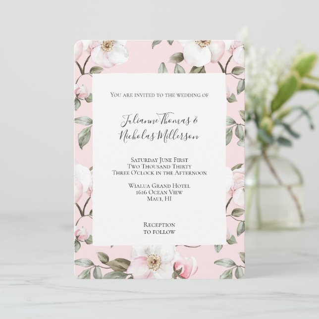 Invitation Joli rose Fleurs blanches Mariage (Debout devant)