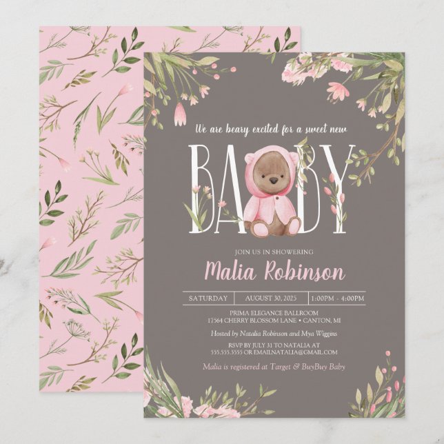 Invitation Joli rose Floral Boho Teddy Bear Baby shower (Devant / Derrière)