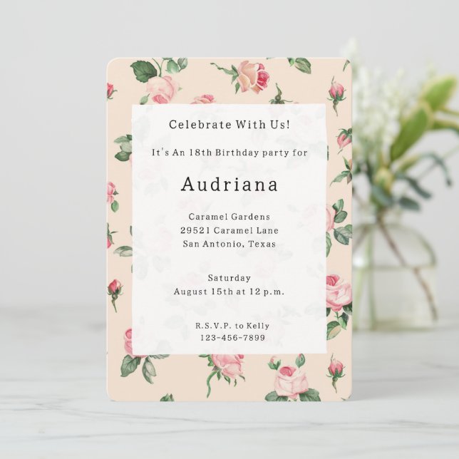 Invitation Joli Rose Floral Rose Peach Crème Anniversaire (Debout devant)