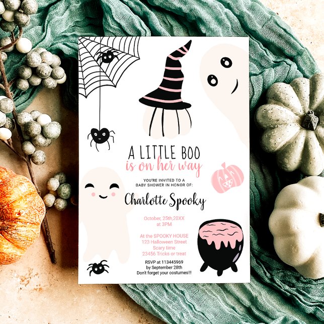 Invitation Joli rose Halloween petit garçon fille baby shower (Cute pink Halloween little boo girl baby shower Invitation)