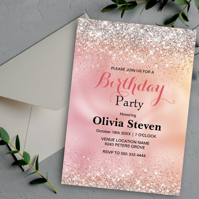 Invitation Joli rose or faux argent parties scintillant monog (Créateur téléchargé)