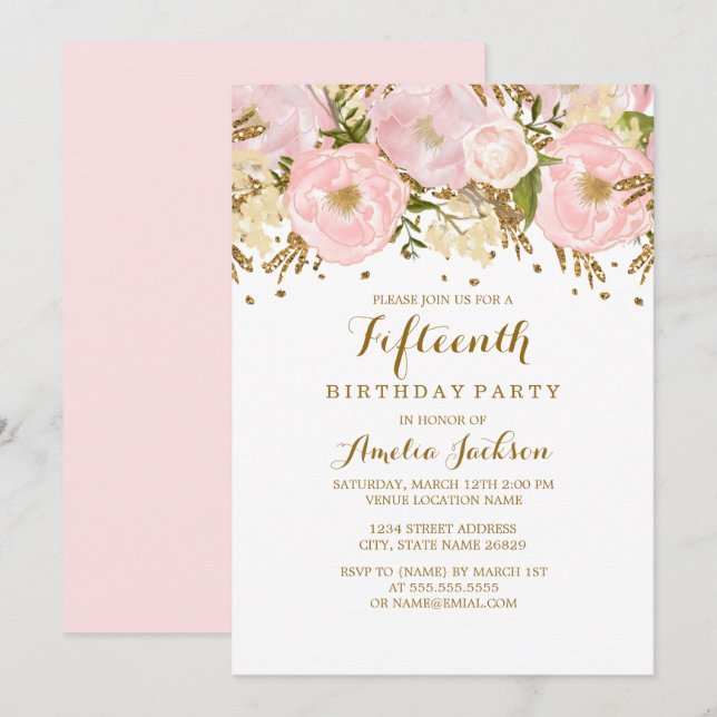 Invitation Joli rose rose or floral 15e anniversaire (Devant / Derrière)