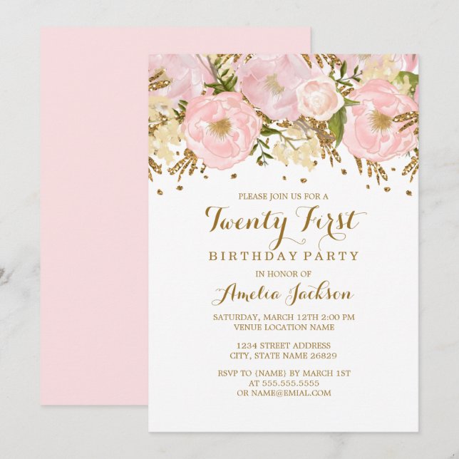 Invitation Joli rose rose or floral 21e anniversaire (Devant / Derrière)