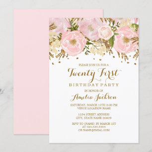 Invitation Joli rose rose or floral 21e anniversaire