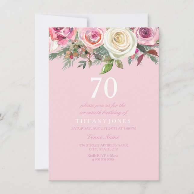 Invitation Joli rose rose rose Floral 70e anniversaire Invita (Devant)