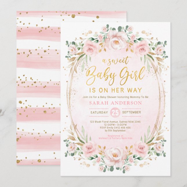 Invitation Joli rose rose rose or floral bébé fille douche (Devant / Derrière)