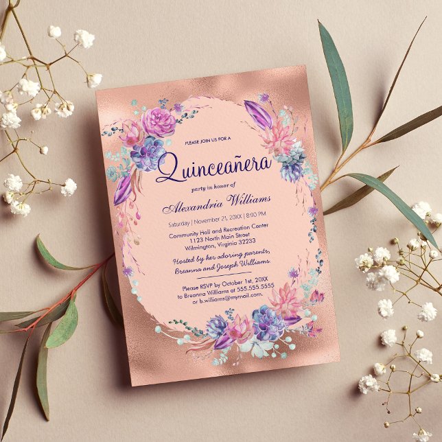 Invitation Joli rose rose rose rose rose or Quinceañera Flora (Pretty Purple Pink Rose Gold Floral Quinceañera )