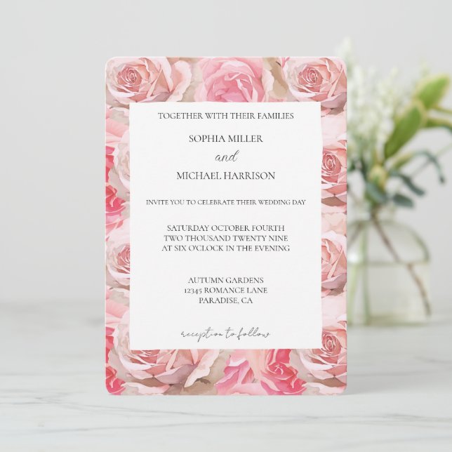 Invitation Joli rose rose rose rose Roses Mariage (Debout devant)