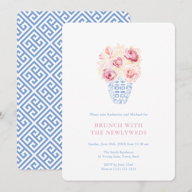 Invitation Joli rose Roses Bleu Et Blanc Nouveau Mariés Brunc (Devant / Derrière)
