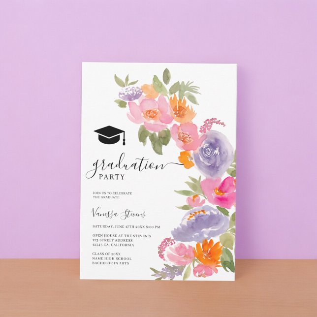 Invitation Joli rose violet fleuri graduation photo (Pretty pink purple floral photo graduation invitation)