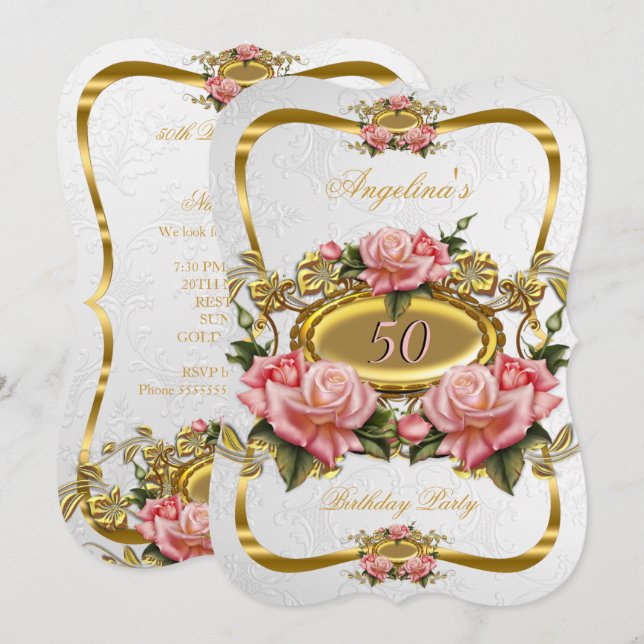Invitation Joli Roses d'or rose blanc 50e fête d'anniversaire (Devant / Derrière)