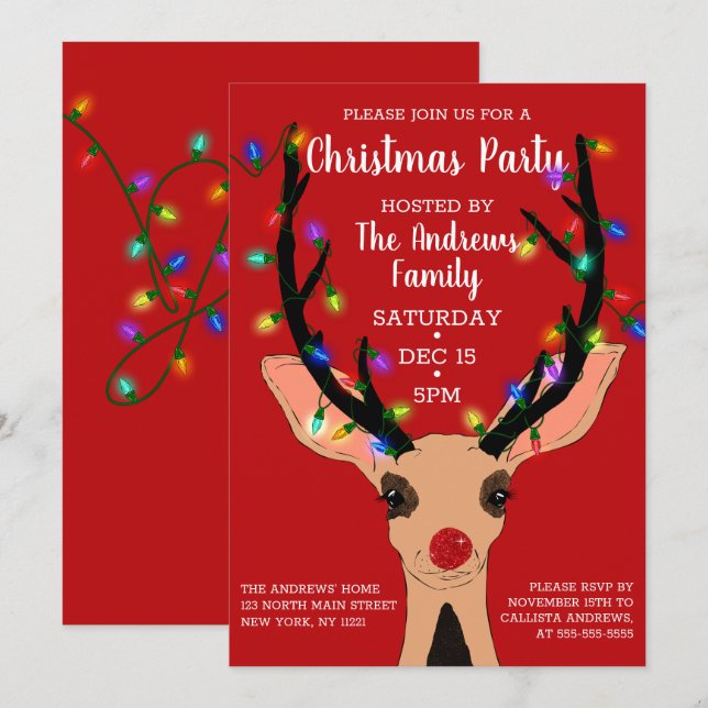 Invitation Joli Rouge Nez Reindeer Lumineuses Noël (Devant / Derrière)
