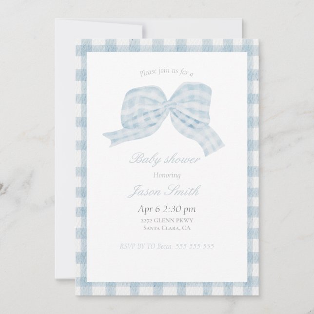Invitation Joli ruban bleu baby shower (Devant)