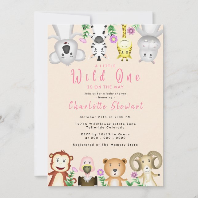 Invitation Joli Safari Animaux Wild One Girl Baby shower (Devant)