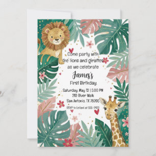 Invitation Joli safari de jungle rose pour le premier anniver