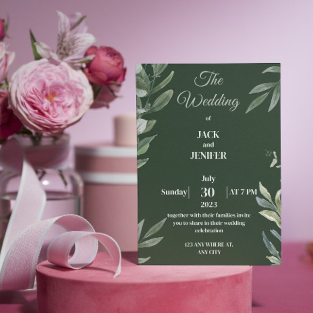 Invitation Joli Sage Vert moderne avec Mariage simple blanc (Créateur téléchargé)