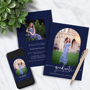 Invitation Joli Script Graduation Arc Photo Marine Bleu
