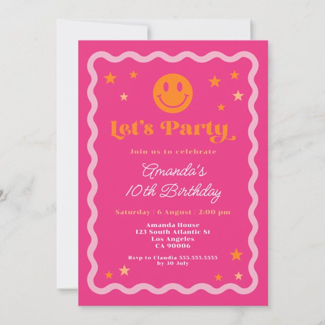Invitation Joli Sourire Rose Et Orange Fille Anniversaire (Devant)