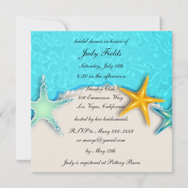 Invitation Joli Starfish Summer Beach Fête des mariées Invita (Devant)