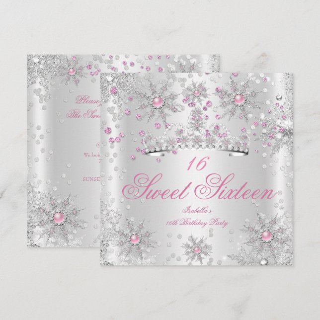 Invitation Joli Sweet 16 Rose White Winter Wonderland (Devant / Derrière)