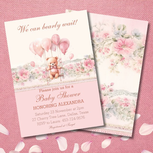 Invitation Joli Teddy Bearly Wait Rose Girl Baby shower (Créateur téléchargé)