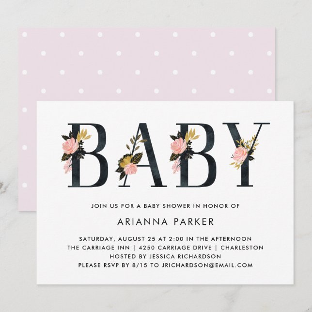 Invitation Joli texte floral noir | Baby shower (Devant / Derrière)