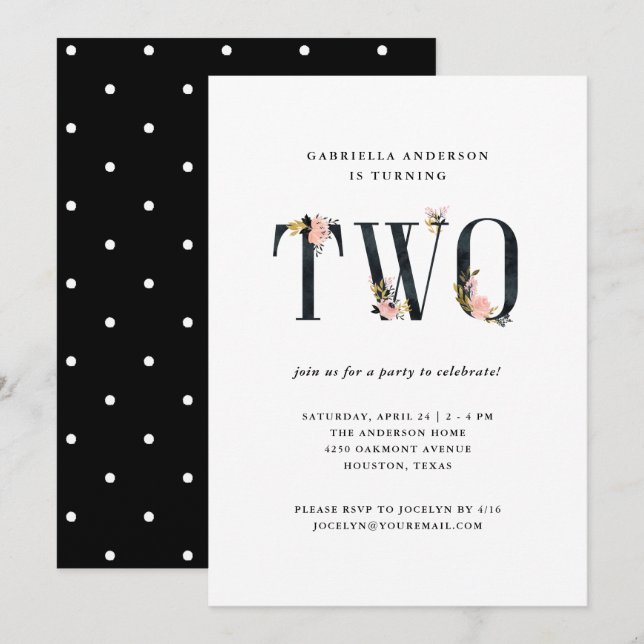 Invitation Joli texte floral noir | Fête du deuxième annivers (Devant / Derrière)