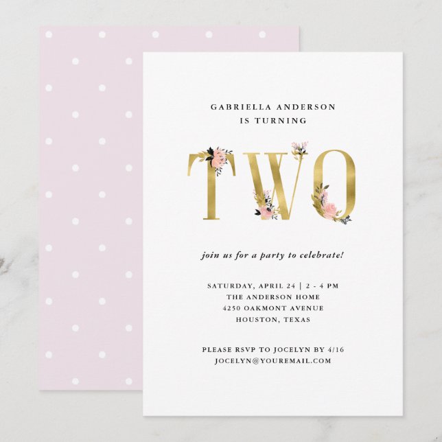 Invitation Joli texte floral or| Deuxième fête d'anniversaire (Devant / Derrière)