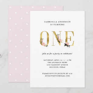 Invitation Joli texte floral or Premier anniversaire