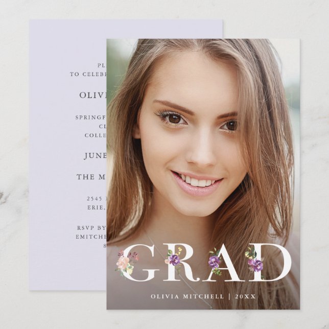 Invitation Joli Texte Floral Violet | Photo Grad Party (Devant / Derrière)