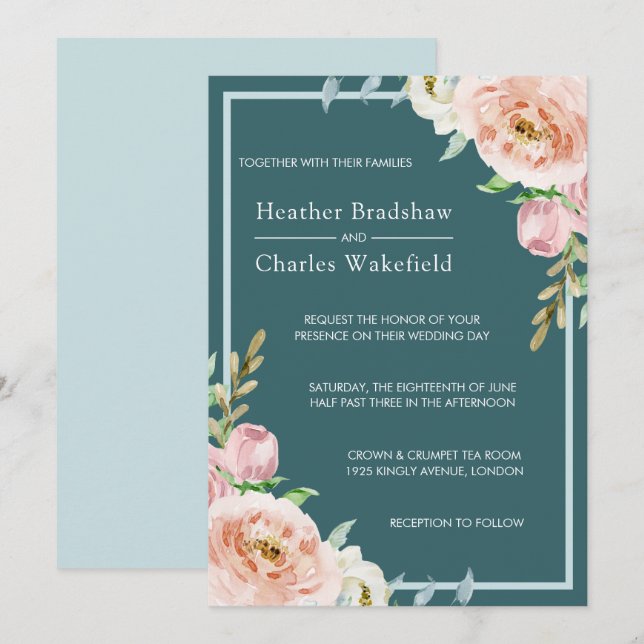 Invitation Joli Turquoise aquarelle Mariage floral (Devant / Derrière)