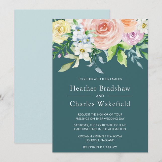 Invitation Joli Turquoise aquarelle Mariage floral (Devant / Derrière)