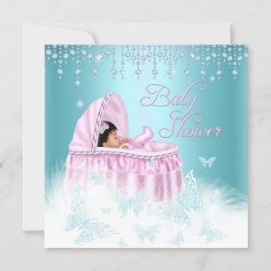 Invitation Joli Turquoise Pink Sparkle Papillon Baby shower E