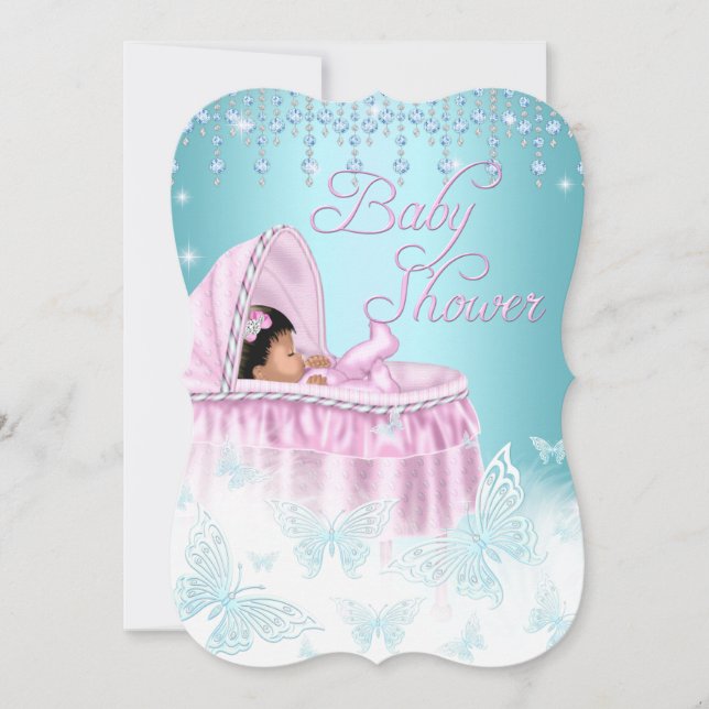 Invitation Joli Turquoise Pink Sparkle Papillon Baby shower E (Devant)
