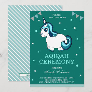Invitation Joli Unicorn Turquoise Bébé Fille Aqiqah