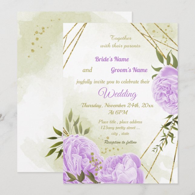 Invitation joli violet fleurs verdure mariage géométrique (Devant / Derrière)