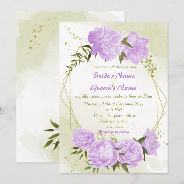 Invitation joli violet fleurs verdure mariage géométrique (Devant / Derrière)