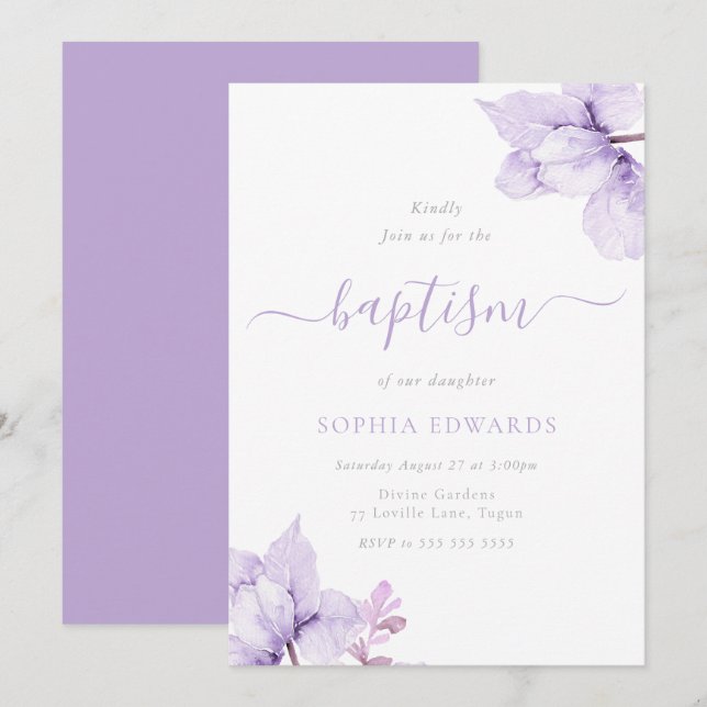 Invitation Joli Violet Floral Girls Baptême (Devant / Derrière)