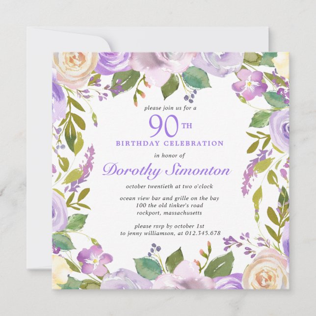 Invitation Joli violet Rustique Floral 90e anniversaire (Devant)