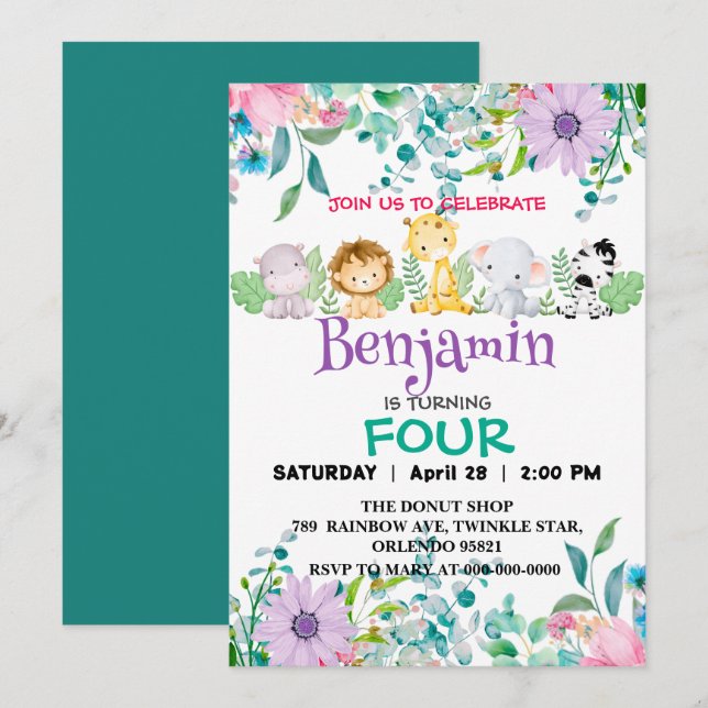 Invitation Joli zoo de fleurs jungle Animaux Anniversaire gir (Devant / Derrière)