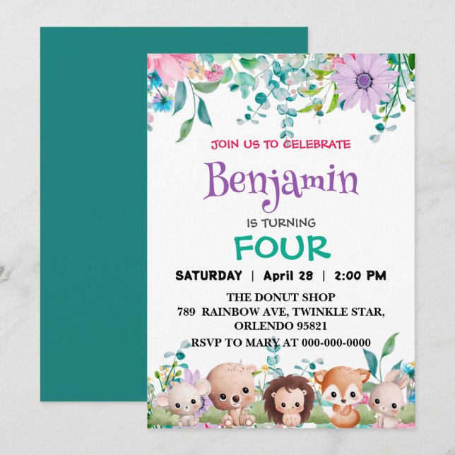 Invitation Joli zoo floral jungle Animaux Anniversaire filles (Devant / Derrière)