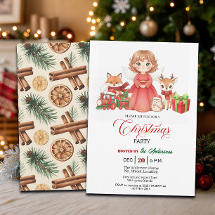 Invitation Jolie Ange avec Animaux de la Forêt Fête de Noël