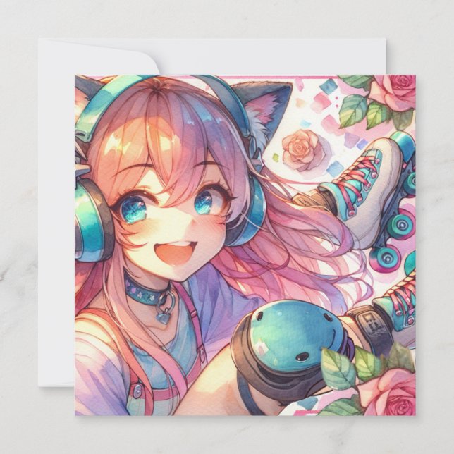 Invitation Jolie Anime Girl en Roller skates Anniversaire (Devant)
