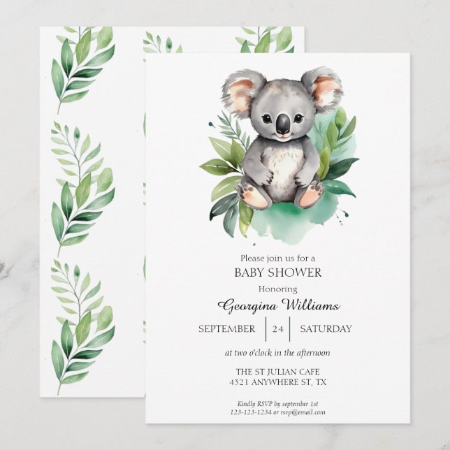 Invitation Jolie aquarelle Baby shower Koala bébé (Devant / Derrière)
