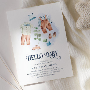 Invitation Jolie aquarelle Baby shower pour bébé garçon Hello