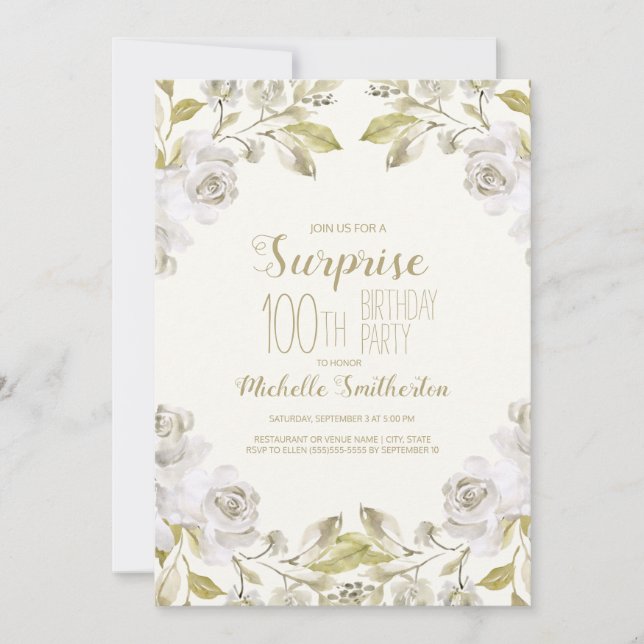 Invitation Jolie aquarelle blanche Florale 100e anniversaire (Devant)