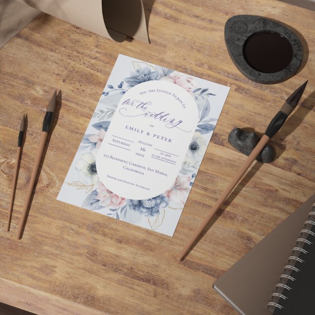 Invitation Jolie aquarelle bleu bleu foncé Mariage (Pretty Watercolor Dusty Blue Floral Wedding Invitation)