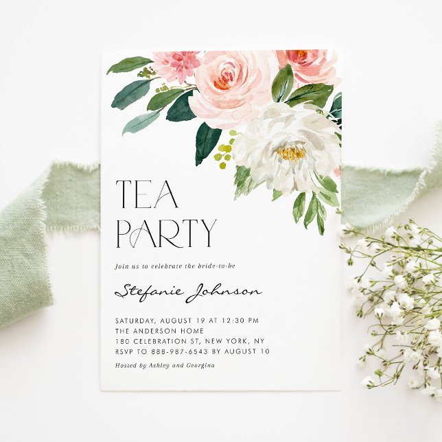 Invitation Jolie Aquarelle Blush Fleurs Roses Tea Party (Créateur téléchargé)