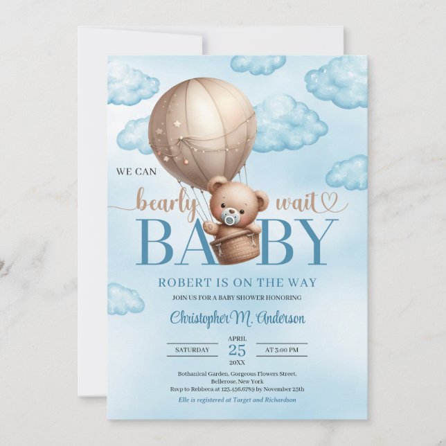 Invitation Jolie aquarelle brun ours en peluche montgolfière (Devant)